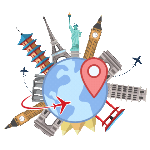 Globo cercado por monumentos famosos do mundo, com um avião em volta